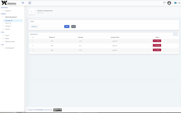 Casino Software back office screen